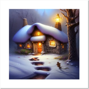 Magical Fantasy Cottage with Lights In A Snowy Scene, Scenery Nature Posters and Art